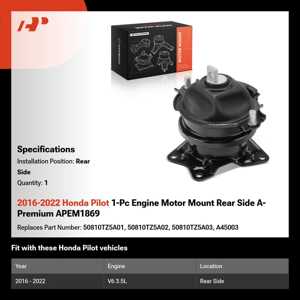 2016-2022 Honda Pilot 1-Pc Engine Motor Mount Rear Side A-Premium APEM1869