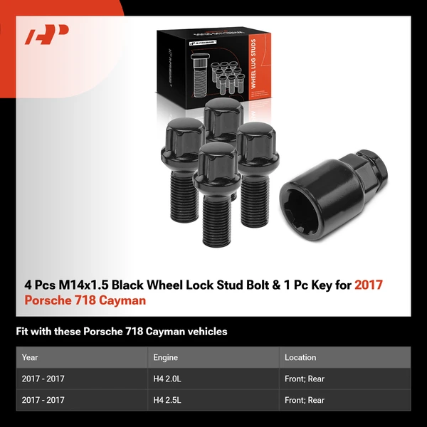 4 Pcs M14x1.5 Black Wheel Lock Stud Bolt & 1 Pc Key for 2017 Porsche 718 Cayman