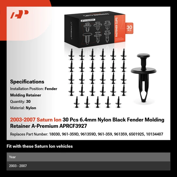 2003-2007 Saturn Ion 30 Pcs 6.4mm Nylon Black Fender Molding Retainer A-Premium APRCF3927