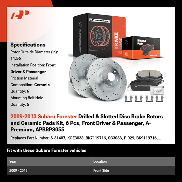 2009-2013 Subaru Forester Drilled & Slotted Disc Brake Rotors and Ceramic Pads Kit, 6 Pcs, Front Driver & Passenger, A-Premium, APBRPS055