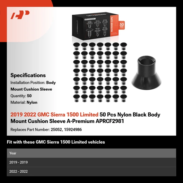 2019 2022 GMC Sierra 1500 Limited 50 Pcs Nylon Black Body Mount Cushion Sleeve A-Premium APRCF2981