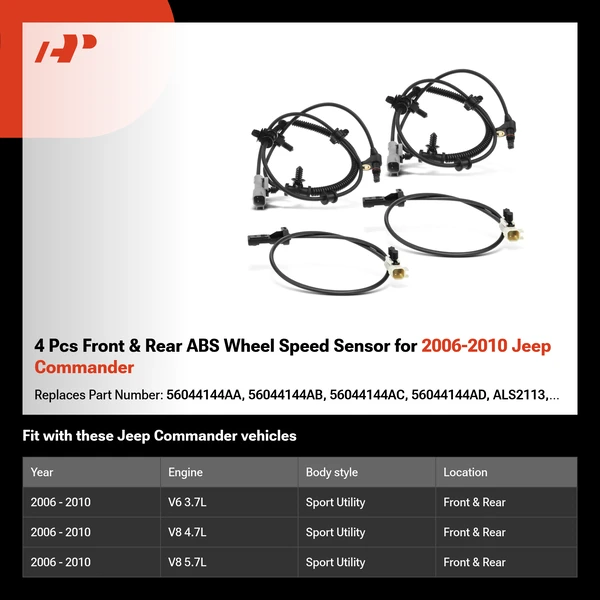 4 Pcs Front & Rear ABS Wheel Speed Sensor for 2006-2010 Jeep Commander