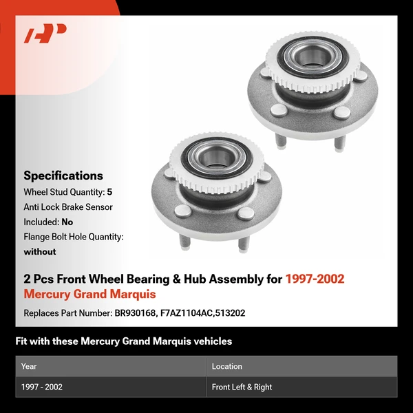 2 Pcs Front Wheel Bearing & Hub Assembly for 1997-2002 Mercury Grand Marquis