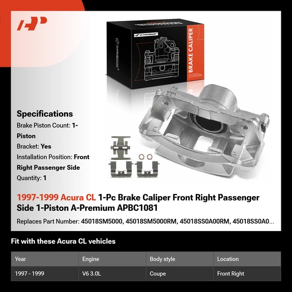 1997-1999 Acura CL 1-Pc Brake Caliper Front Right Passenger Side 1-Piston A-Premium APBC1081