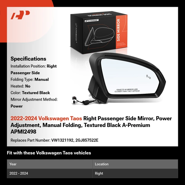 2022-2024 Volkswagen Taos Right Passenger Side Mirror, Power Adjustment, Manual Folding, Textured Black A-Premium APMI2498