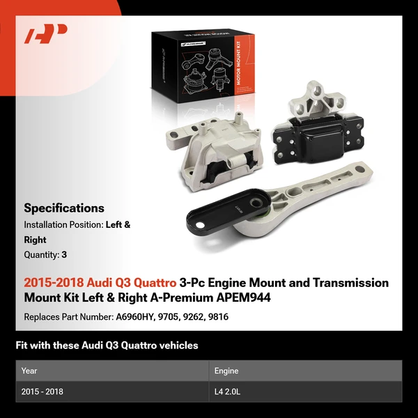 2015-2018 Audi Q3 Quattro 3-Pc Engine Mount and Transmission Mount Kit Left & Right A-Premium APEM944