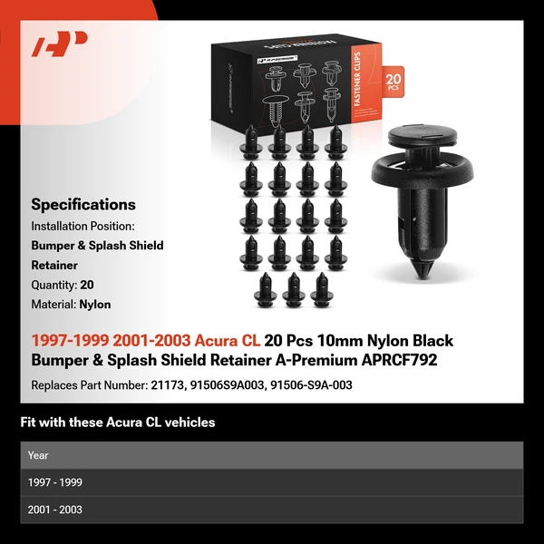 1997-1999 2001-2003 Acura CL 20 Pcs 10mm Nylon Black Bumper & Splash Shield Retainer A-Premium APRCF792