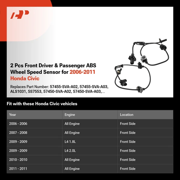 2 Pcs Front Driver & Passenger ABS Wheel Speed Sensor for 2006-2011 Honda Civic