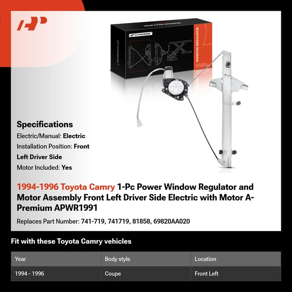 1994-1996 Toyota Camry 1-Pc Power Window Regulator and Motor Assembly Front Left Driver Side Electric with Motor A-Premium APWR1991