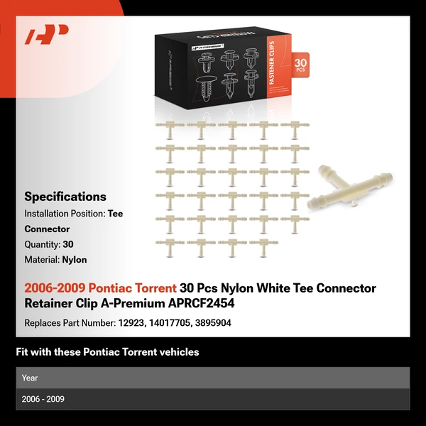 2006-2009 Pontiac Torrent 30 Pcs Nylon White Tee Connector Retainer Clip A-Premium APRCF2454