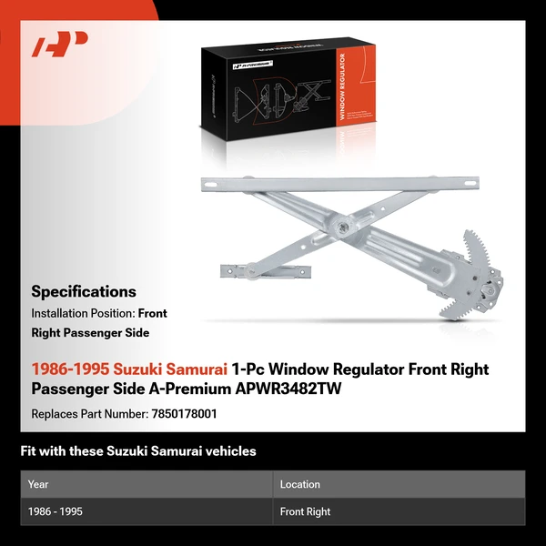 1986-1995 Suzuki Samurai 1-Pc Window Regulator Front Right Passenger Side A-Premium APWR3482TW