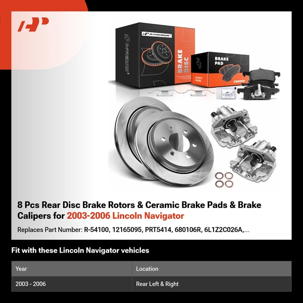8 Pcs Rear Disc Brake Rotors & Ceramic Brake Pads & Brake Calipers for 2003-2006 Lincoln Navigator