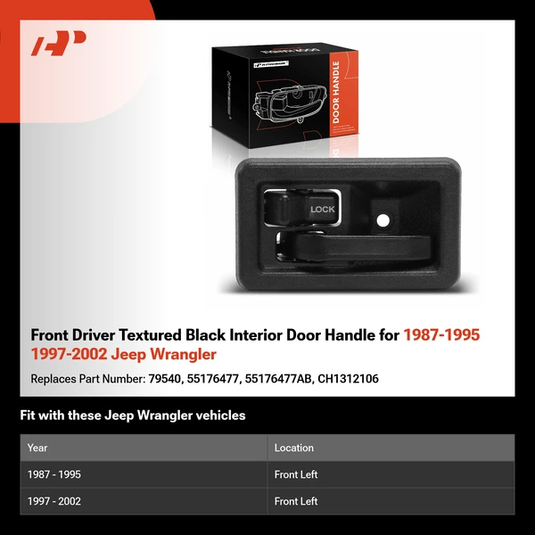Front Driver Textured Black Interior Door Handle for 1987-1995 1997-2002 Jeep Wrangler