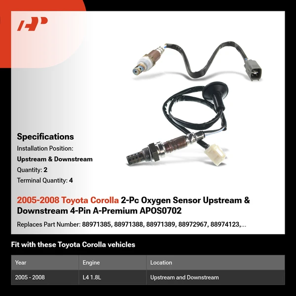 2005-2008 Toyota Corolla 2-Pc Oxygen Sensor Upstream & Downstream 4-Pin A-Premium APOS0702
