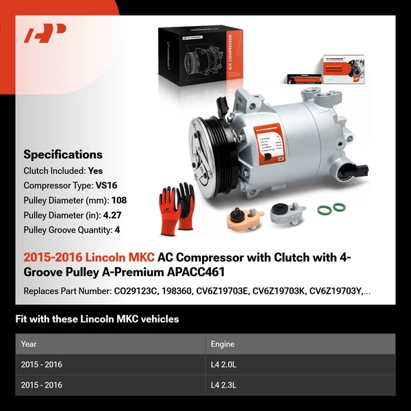 2015-2016 Lincoln MKC AC Compressor with Clutch with 4-Groove Pulley A-Premium APACC461