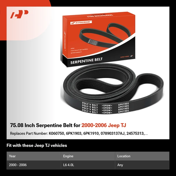 75.08 Inch Serpentine Belt for 2000-2006 Jeep TJ