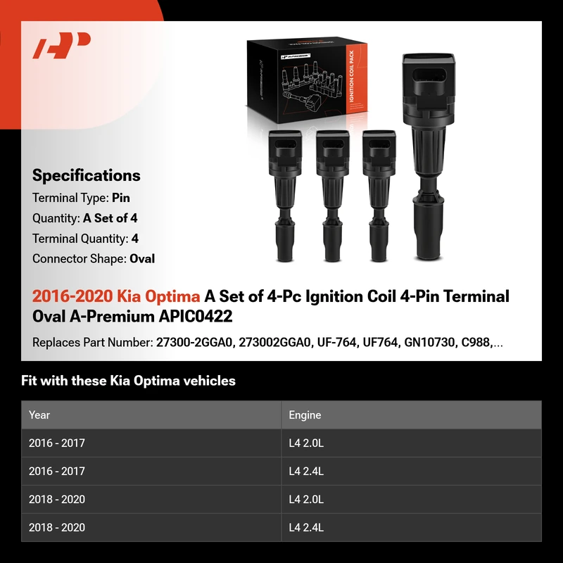 2016-2020 Kia Optima A Set of 4-Pc Ignition Coil 4-Pin Terminal Oval A-Premium APIC0422