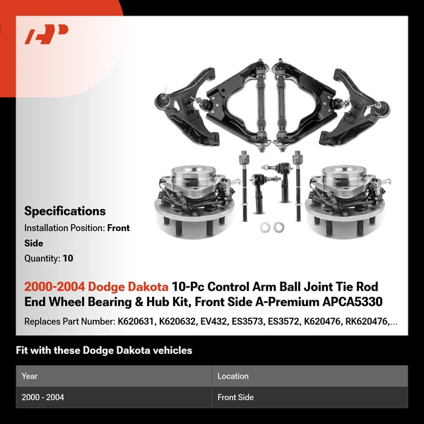2000-2004 Dodge Dakota 10-Pc Control Arm Ball Joint Tie Rod End Wheel Bearing & Hub Kit, Front Side A-Premium APCA5330