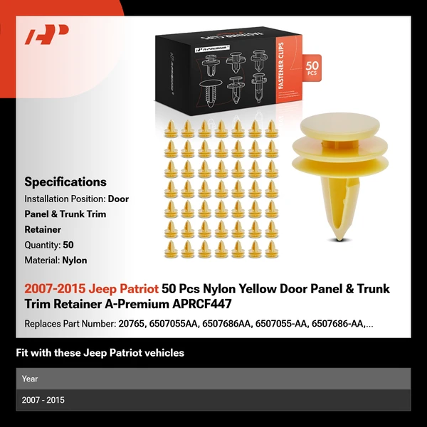 2007-2015 Jeep Patriot 50 Pcs Nylon Yellow Door Panel & Trunk Trim Retainer A-Premium APRCF447