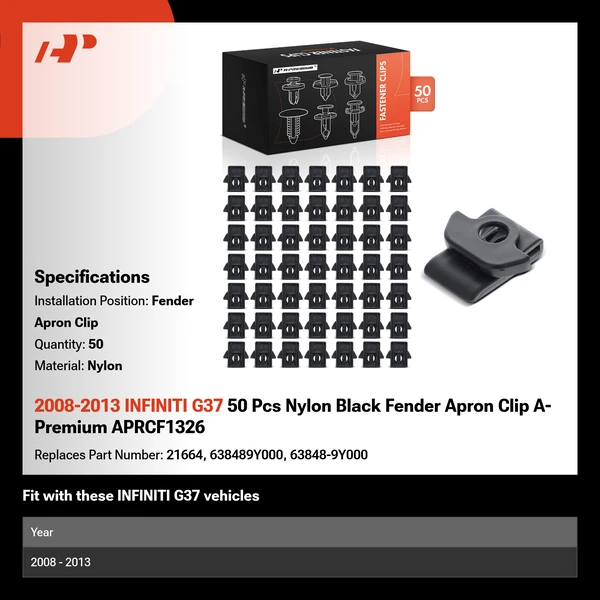 2008-2013 INFINITI G37 50 Pcs Nylon Black Fender Apron Clip A-Premium APRCF1326