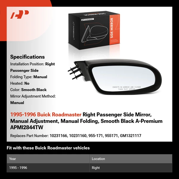 1995-1996 Buick Roadmaster Right Passenger Side Mirror, Manual Adjustment, Manual Folding, Smooth Black A-Premium APMI2844TW