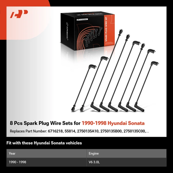 8 Pcs Spark Plug Wire Sets for 1990-1998 Hyundai Sonata