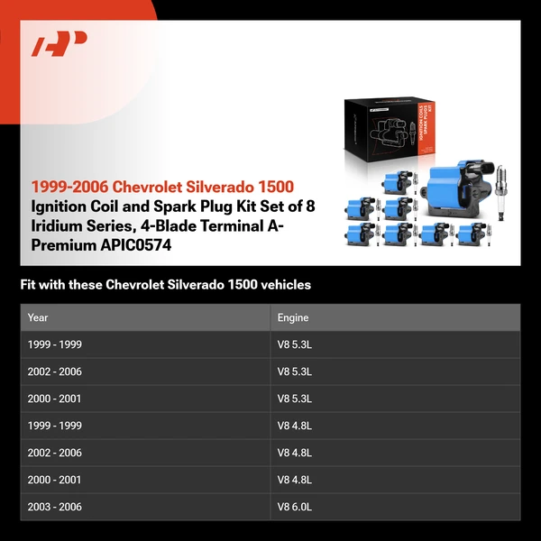1999-2006 Chevrolet Silverado 1500 Ignition Coil and Spark Plug Kit Set of 8 Iridium Series, 4-Blade Terminal A-Premium APIC0574