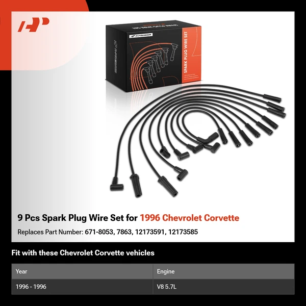 9 Pcs Spark Plug Wire Set for 1996 Chevrolet Corvette