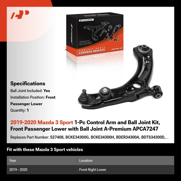 2019-2020 Mazda 3 Sport 1-Pc Control Arm and Ball Joint Kit, Front Passenger Lower with Ball Joint A-Premium APCA7247