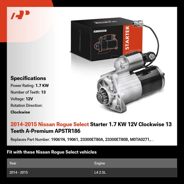 2014-2015 Nissan Rogue Select Starter 1.7 KW 12V Clockwise 13 Teeth A-Premium APSTR186