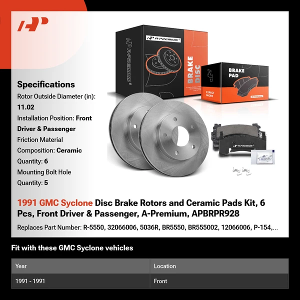1991 GMC Syclone Disc Brake Rotors and Ceramic Pads Kit, 6 Pcs, Front Driver & Passenger, A-Premium, APBRPR928