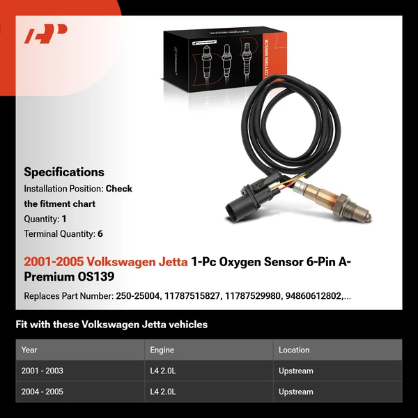 2001-2005 Volkswagen Jetta 1-Pc Oxygen Sensor 6-Pin A-Premium OS139