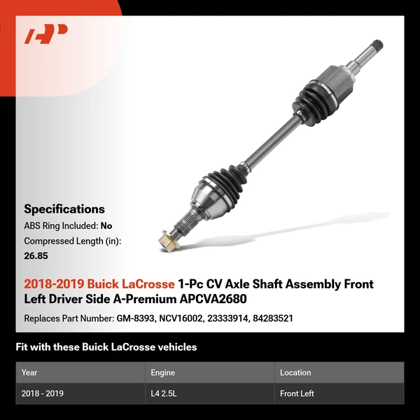 2018-2019 Buick LaCrosse 1-Pc CV Axle Shaft Assembly Front Left Driver Side A-Premium APCVA2680