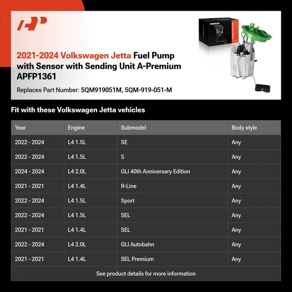 2021-2024 Volkswagen Jetta Fuel Pump with Sensor with Sending Unit A-Premium APFP1361