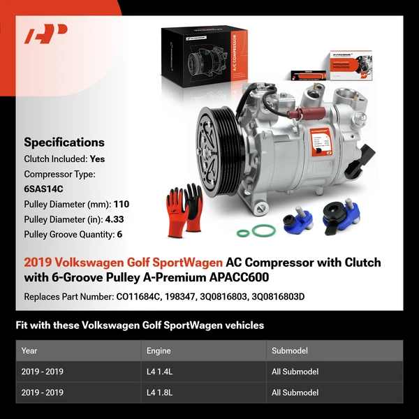 2019 Volkswagen Golf SportWagen AC Compressor with Clutch with 6-Groove Pulley A-Premium APACC600