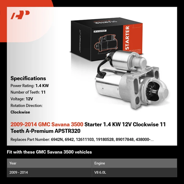 2009-2014 GMC Savana 3500 Starter 1.4 KW 12V Clockwise 11 Teeth A-Premium APSTR320