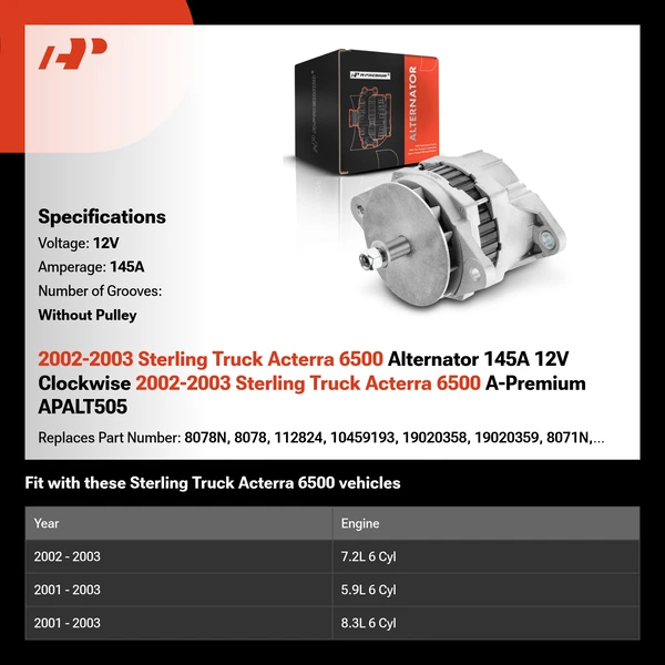 2002-2003 Sterling Truck Acterra 6500 Alternator 145A 12V Clockwise 2002-2003 Sterling Truck Acterra 6500 A-Premium APALT505