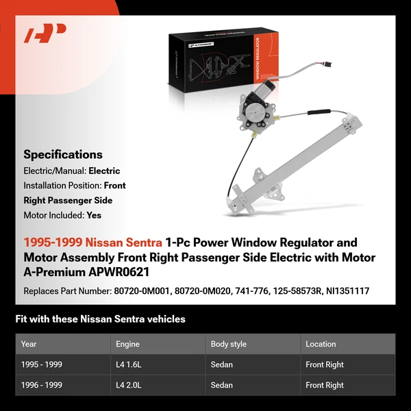 1995-1999 Nissan Sentra 1-Pc Power Window Regulator and Motor Assembly Front Right Passenger Side Electric with Motor A-Premium APWR0621