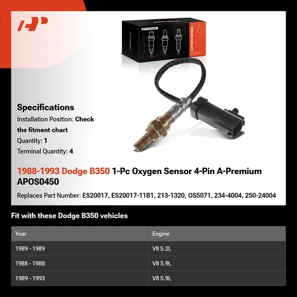 1988-1993 Dodge B350 1-Pc Oxygen Sensor 4-Pin A-Premium APOS0450
