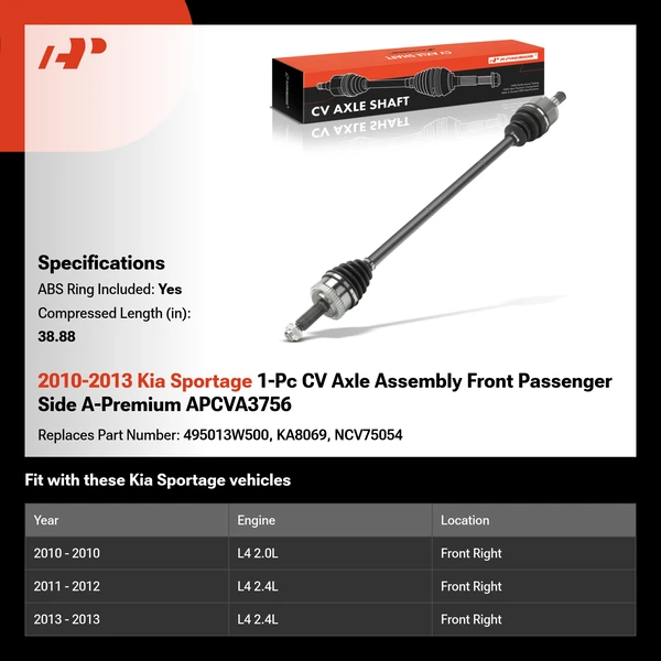 2010-2013 Kia Sportage 1-Pc CV Axle Assembly Front Passenger Side A-Premium APCVA3756