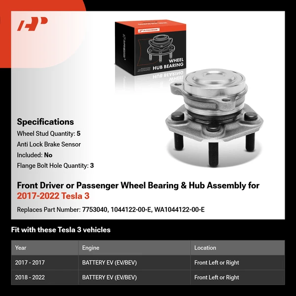 Front Driver or Passenger Wheel Bearing & Hub Assembly for 2017-2022 Tesla 3
