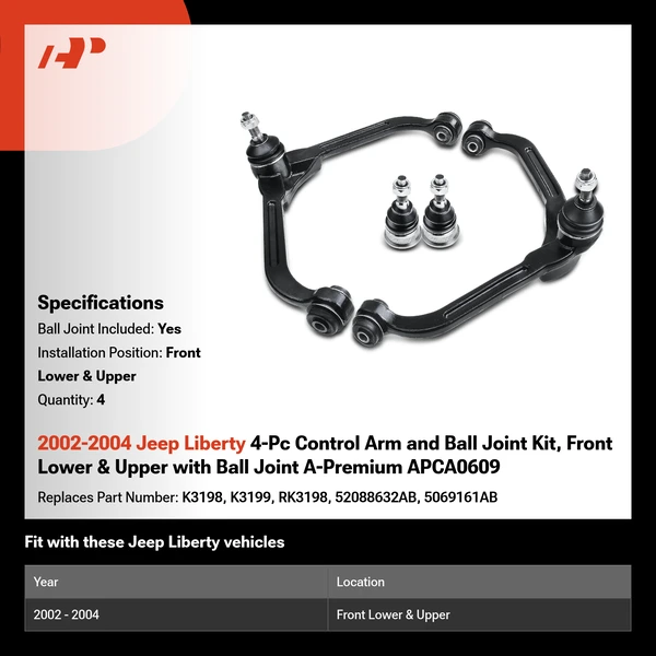 2002-2004 Jeep Liberty 4-Pc Control Arm and Ball Joint Kit, Front Lower & Upper with Ball Joint A-Premium APCA0609