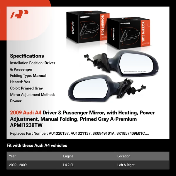2009 Audi A4 Driver & Passenger Mirror, with Heating, Power Adjustment, Manual Folding, Primed Gray A-Premium APMI1238TW