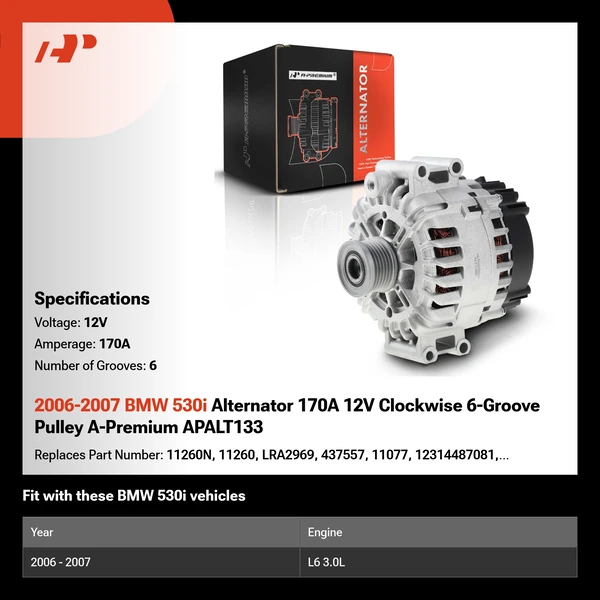 2006-2007 BMW 530i Alternator 170A 12V Clockwise 6-Groove Pulley A-Premium APALT133