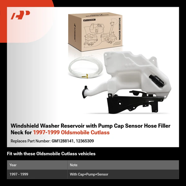 Windshield Washer Reservoir with Pump Cap Sensor Hose Filler Neck for 1997-1999 Oldsmobile Cutlass