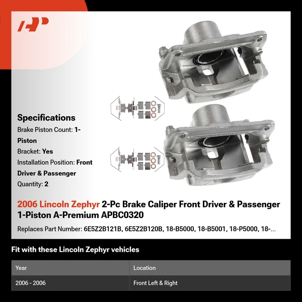2006 Lincoln Zephyr 2-Pc Brake Caliper Front Driver & Passenger 1-Piston A-Premium APBC0320