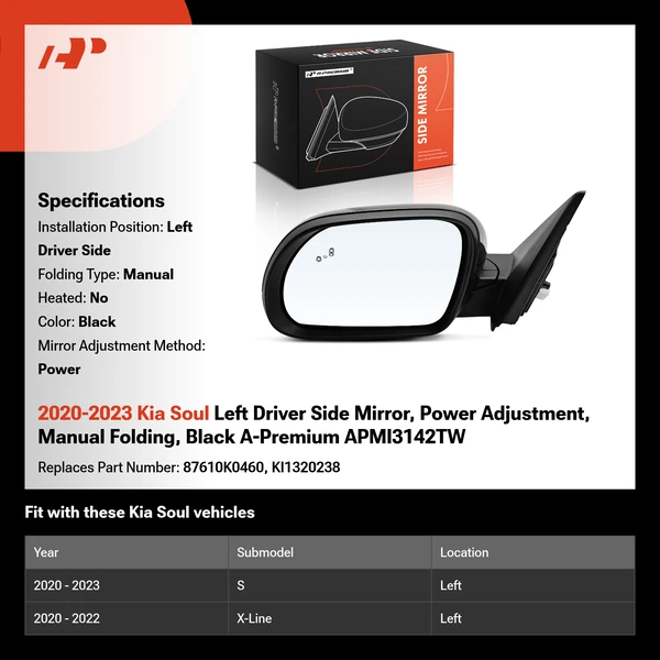 2020-2023 Kia Soul Left Driver Side Mirror, Power Adjustment, Manual Folding, Black A-Premium APMI3142TW