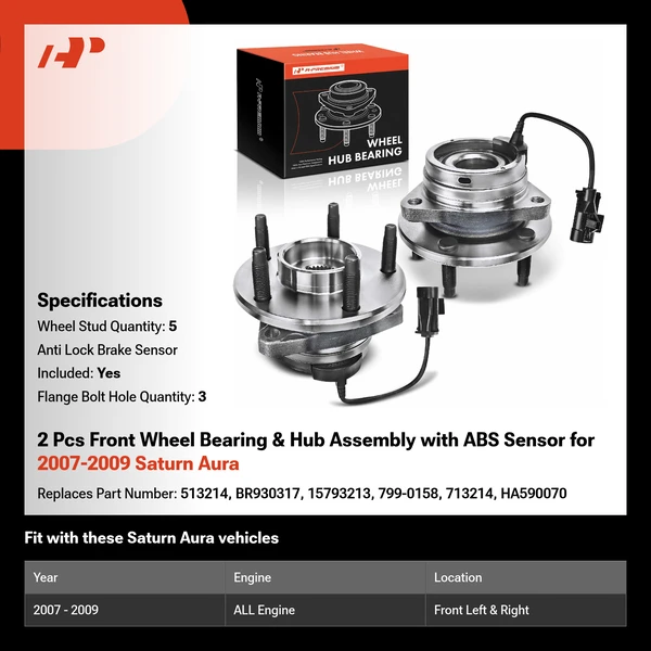 2 Pcs Front Wheel Bearing & Hub Assembly with ABS Sensor for 2007-2009 Saturn Aura