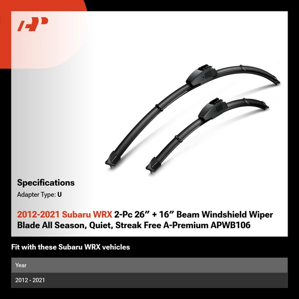 2012-2021 Subaru WRX 2-Pc 26″ + 16″ Beam Windshield Wiper Blade All Season, Quiet, Streak Free A-Premium APWB106