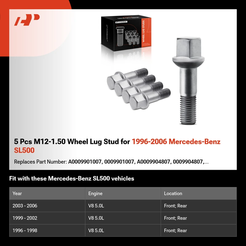 5 Pcs M12-1.50 Wheel Lug Stud for 1996-2006 Mercedes-Benz SL500